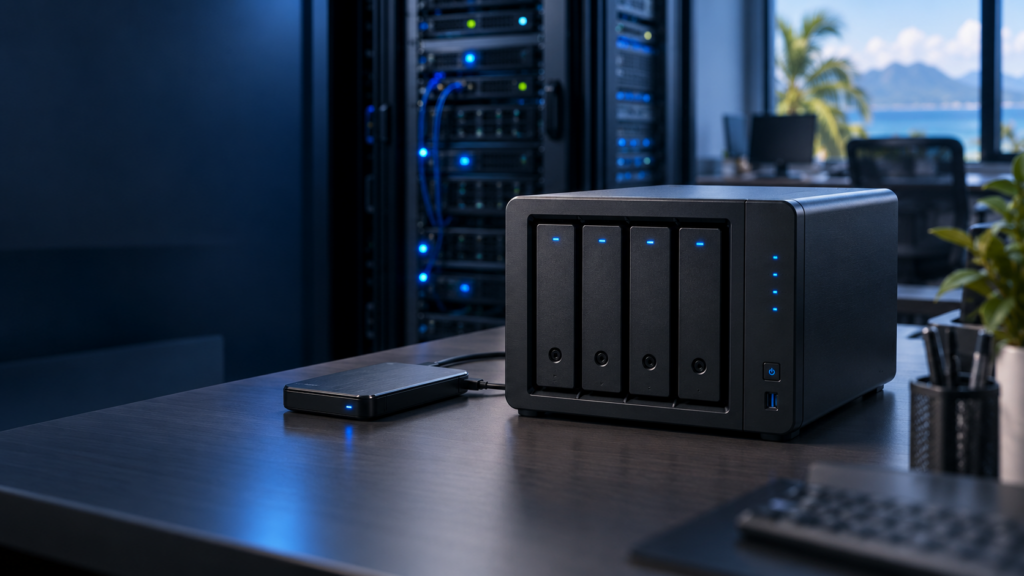 NAS et disque de sauvegarde devant une infrastructure serveur.
